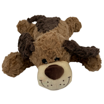 Liegender braun-dunkelbrauner Plüschhund mit großen Schlappohren und heller Schnauze, ca. 42 cm